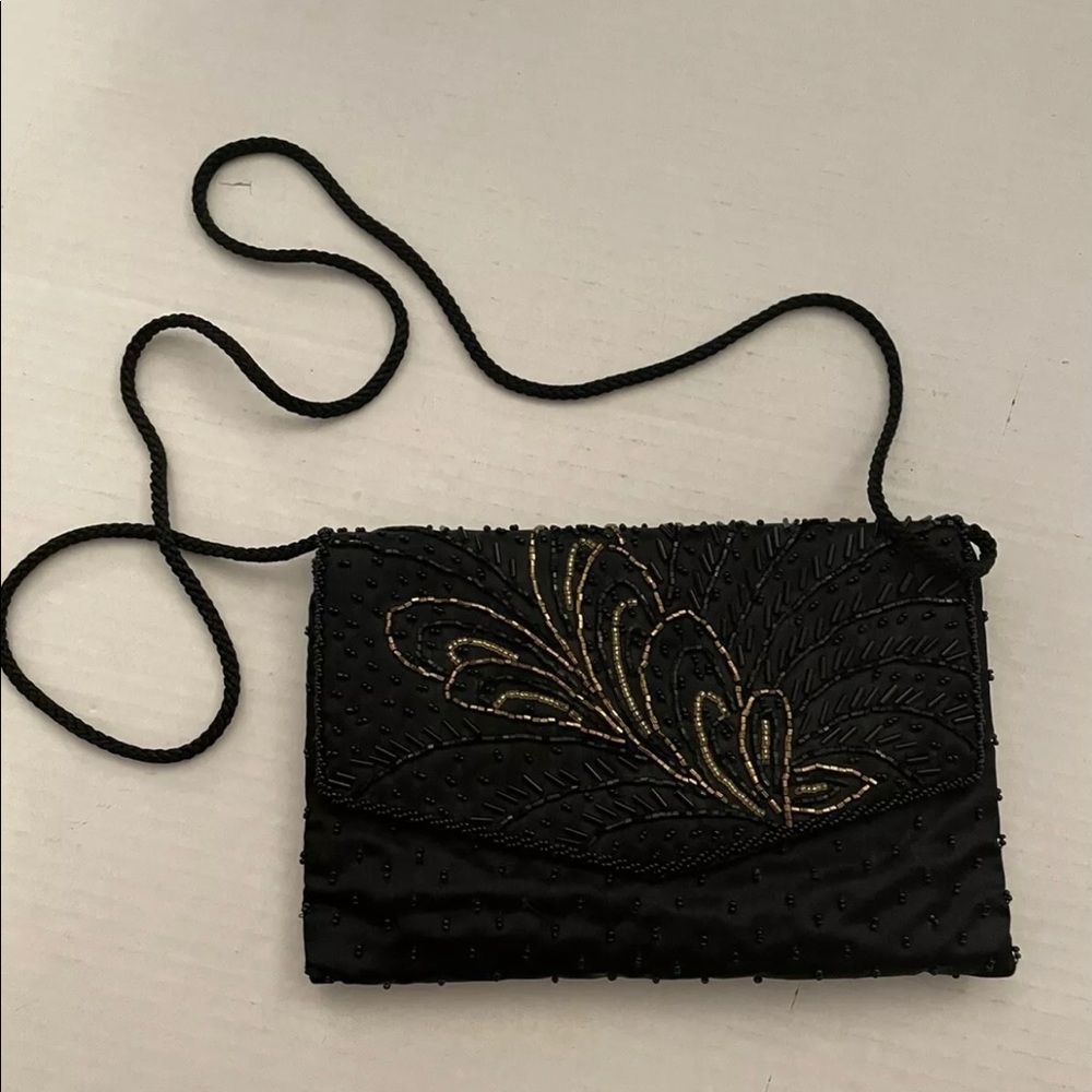 Vintage Clutch/Crossbody Purse La Regale Black Beaded 8 1/2”x6”